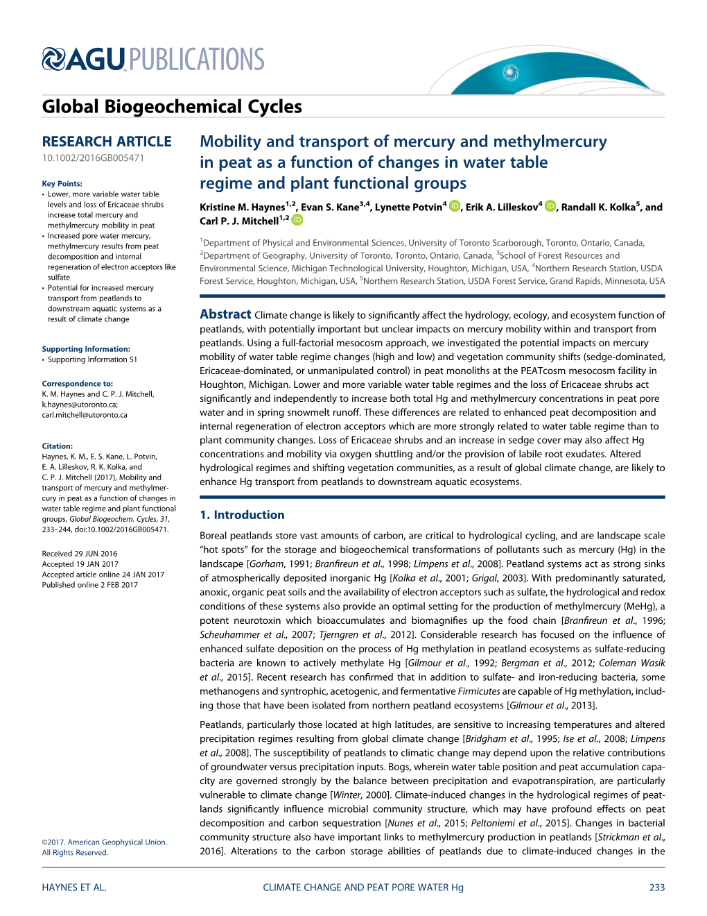 Mobility and Transport of Mercury and Methylmercury in Peat As a Function of Changes in Water Table Regime and Plant Functional