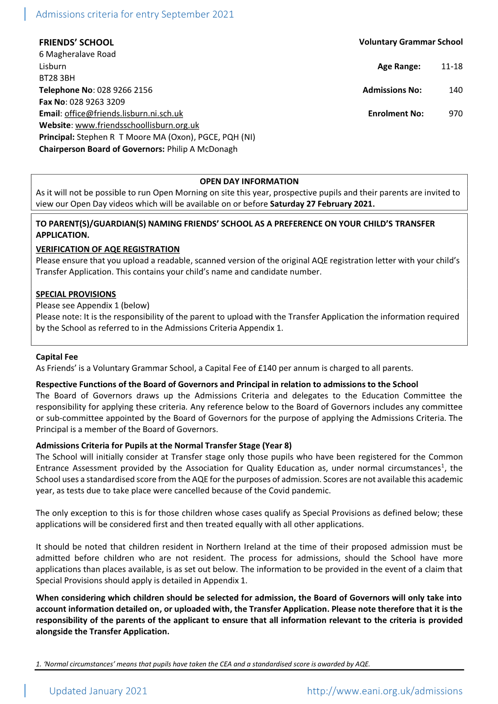 Admissions Criteria for Entry September 2021