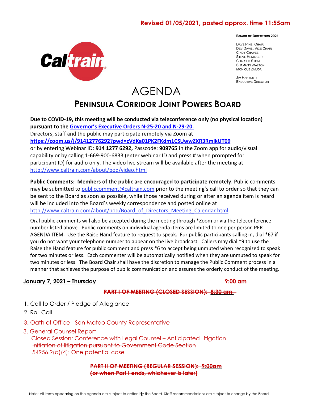 Agenda Peninsula Corridor Joint Powers Board