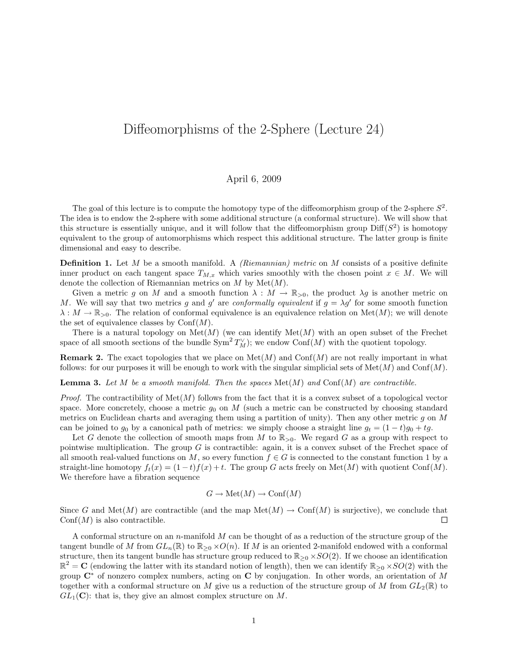 Diffeomorphisms of the 2-Sphere (Lecture