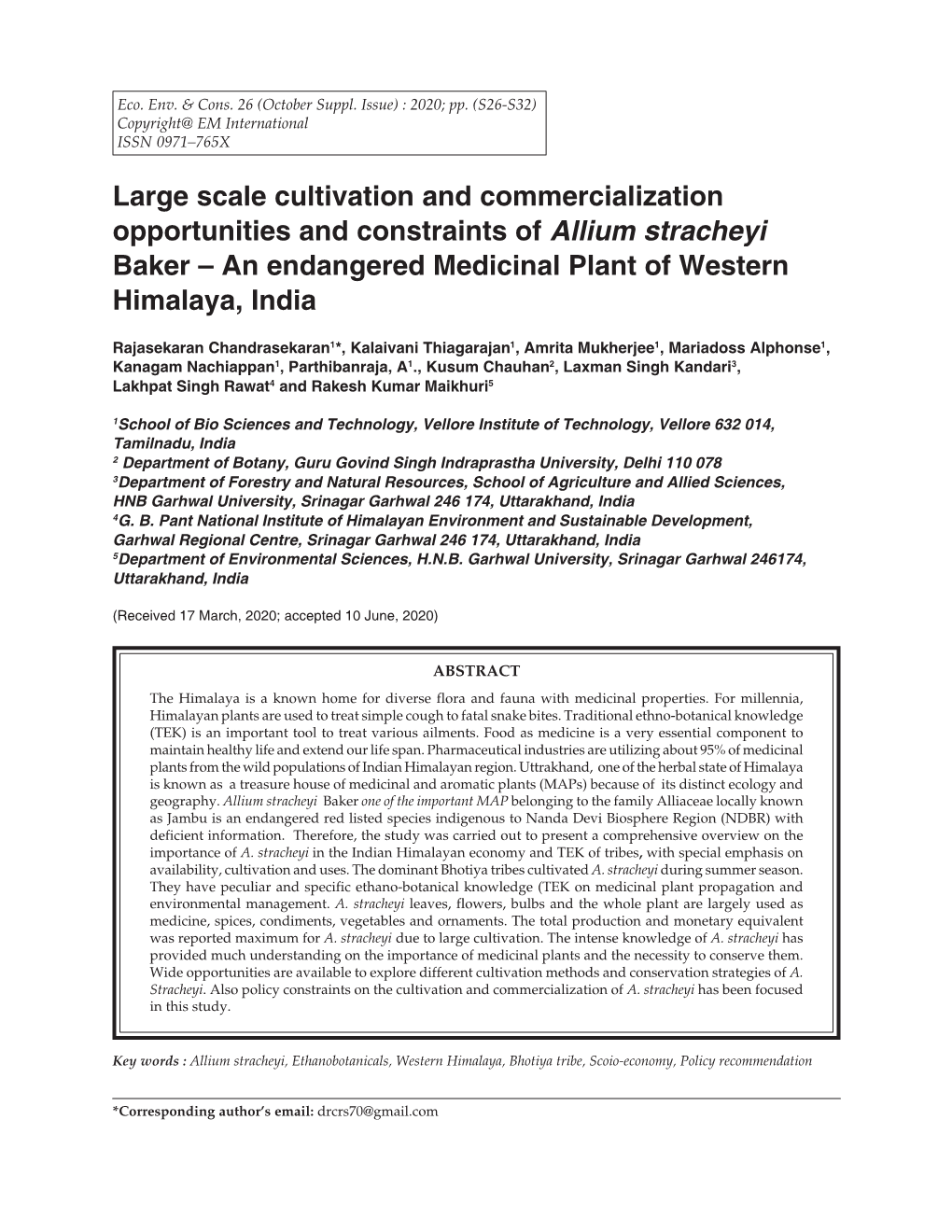 Large Scale Cultivation and Commercialization Opportunities and Constraints of Allium Stracheyi Baker – an Endangered Medicinal Plant of Western Himalaya, India