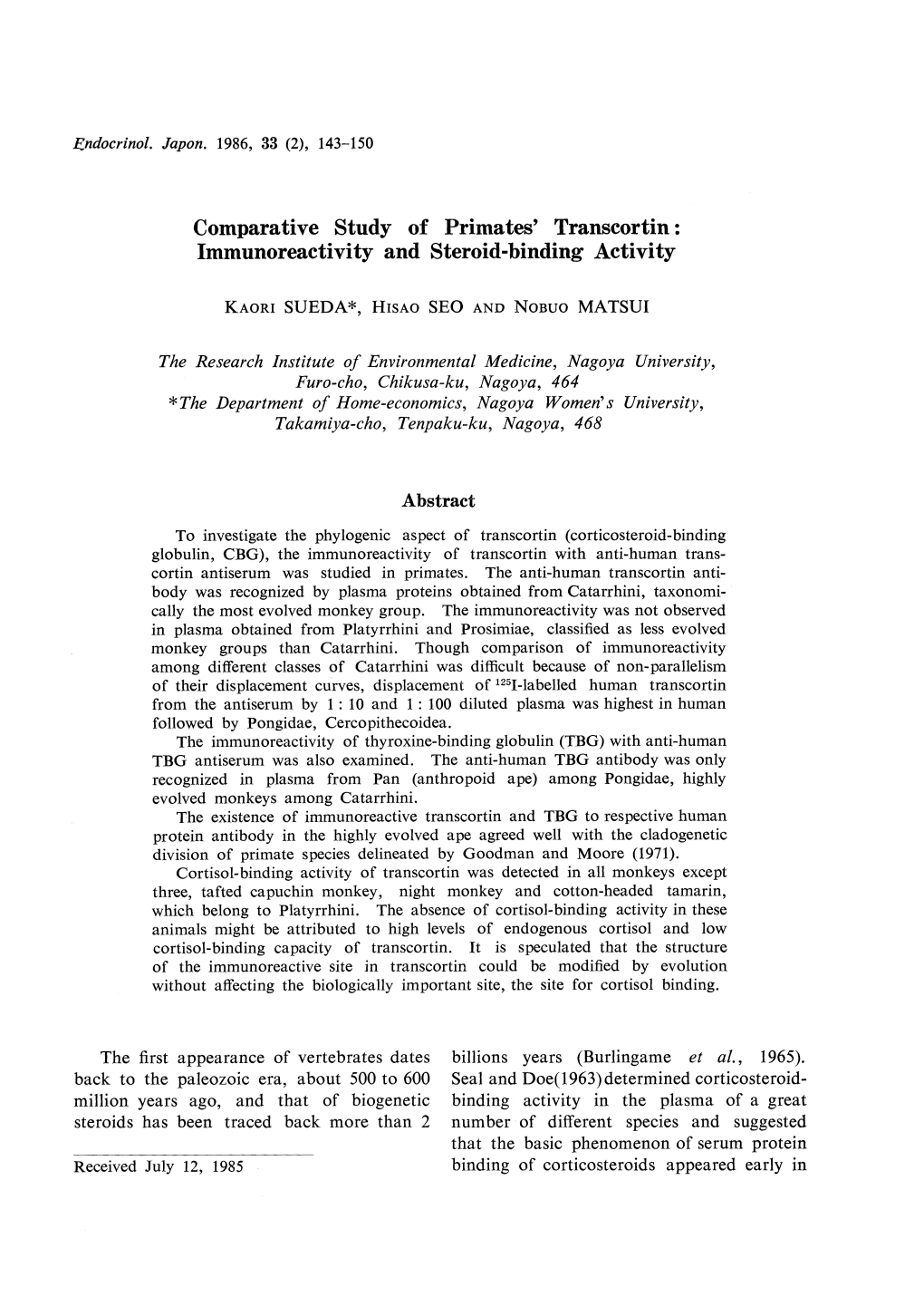 Comparative Study of Primates' Transcortin: Immunoreactivity and Steroid-Binding Activity