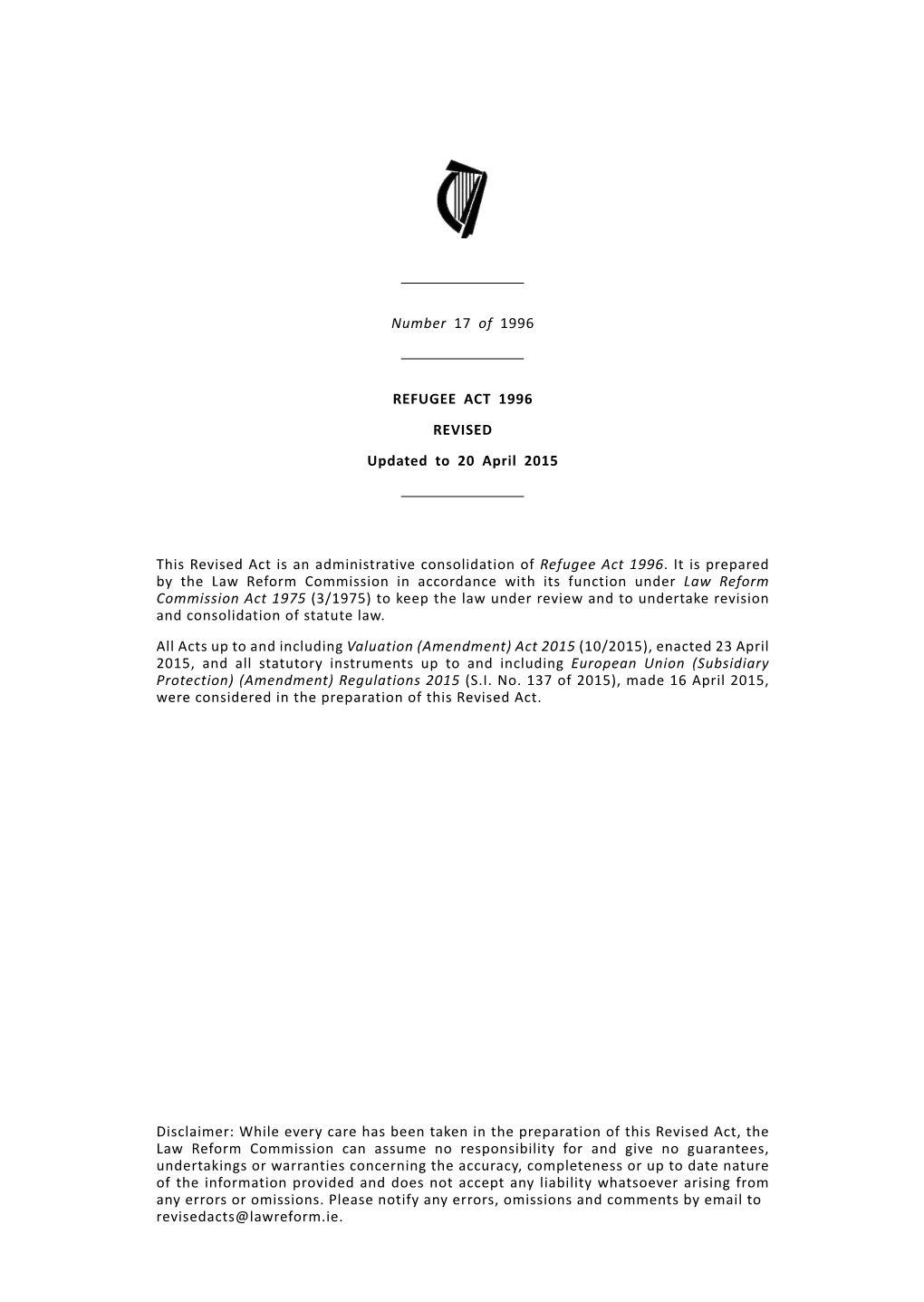 REFUGEE ACT 1996 REVISED Updated to 20 April 2015