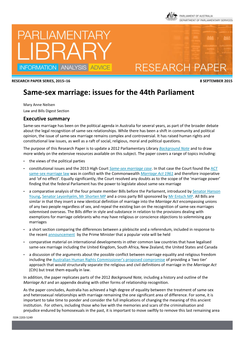 Same-Sex Marriage: Issues for the 44Th Parliament