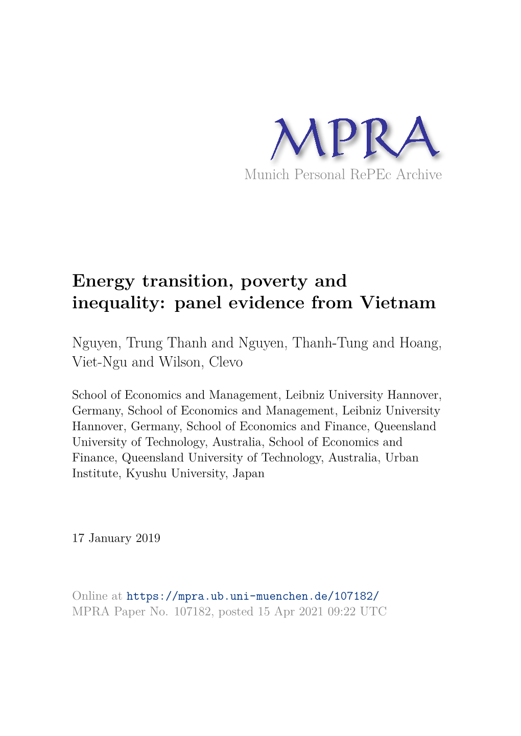 Energy Transition, Poverty and Inequality: Panel Evidence from Vietnam