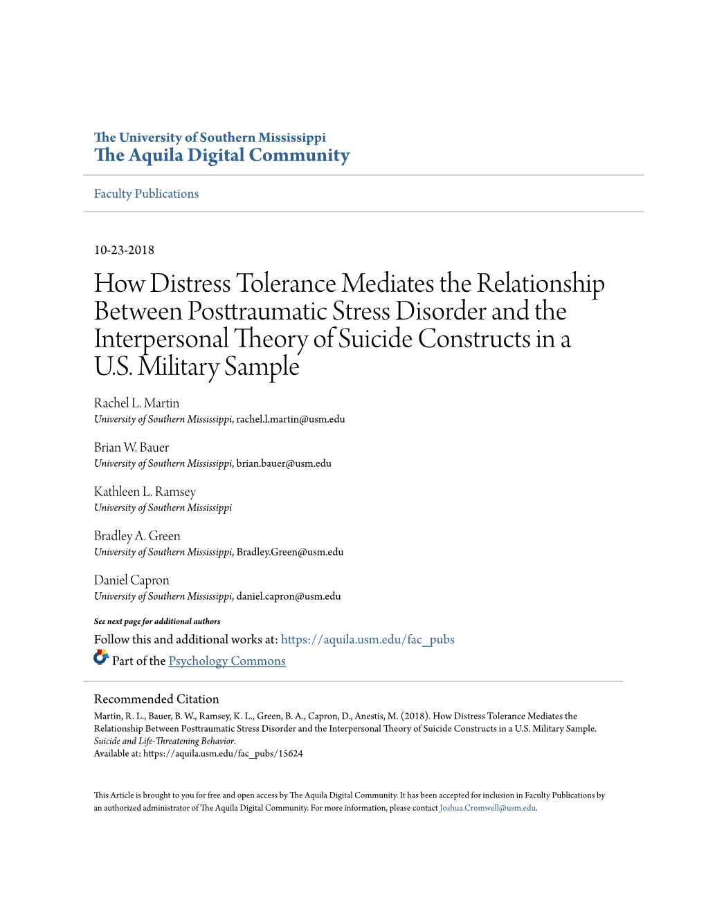 How Distress Tolerance Mediates the Relationship Between Posttraumatic Stress Disorder and the Interpersonal Theory of Suicide Constructs in a U.S