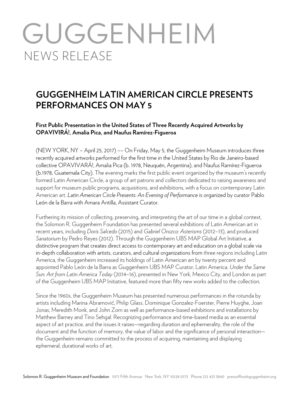 Guggenheim Latin American Circle Presents Performances on May 5