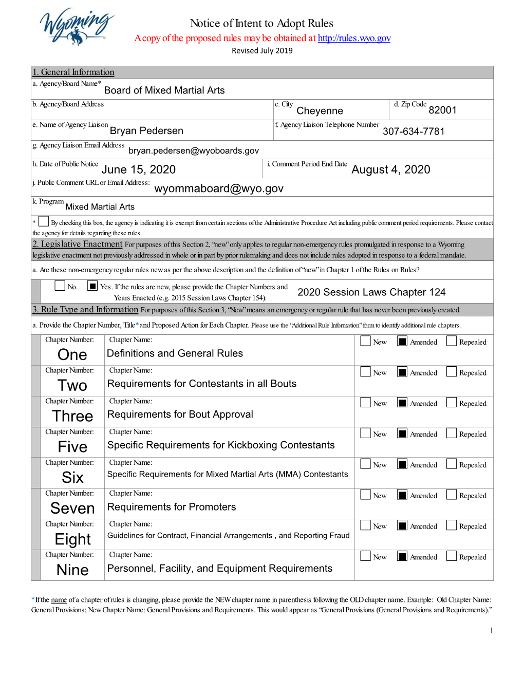 Notice of Intent to Adopt Rules June 15, 2020 August 4, 2020