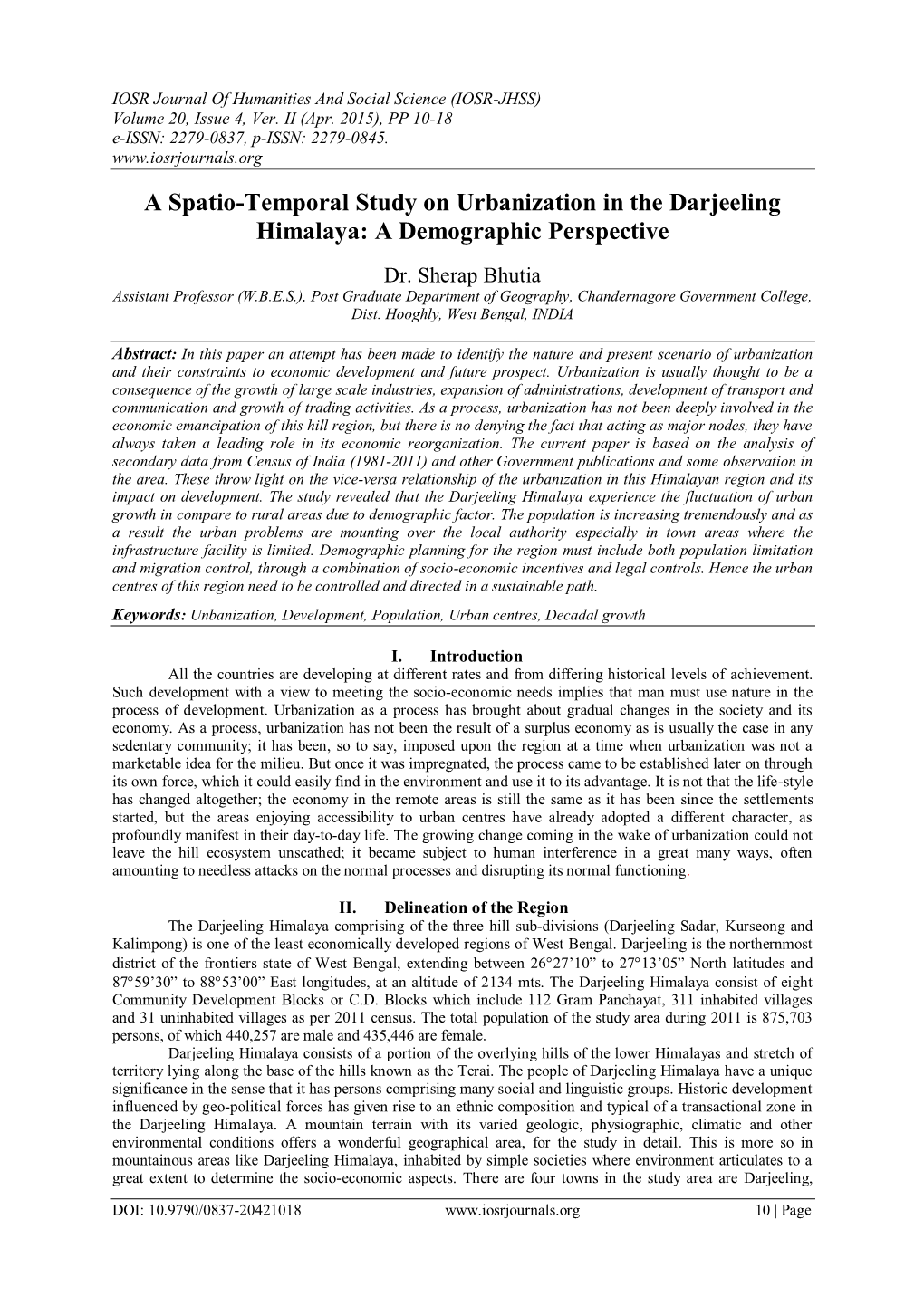 A Spatio-Temporal Study on Urbanization in the Darjeeling Himalaya: a Demographic Perspective