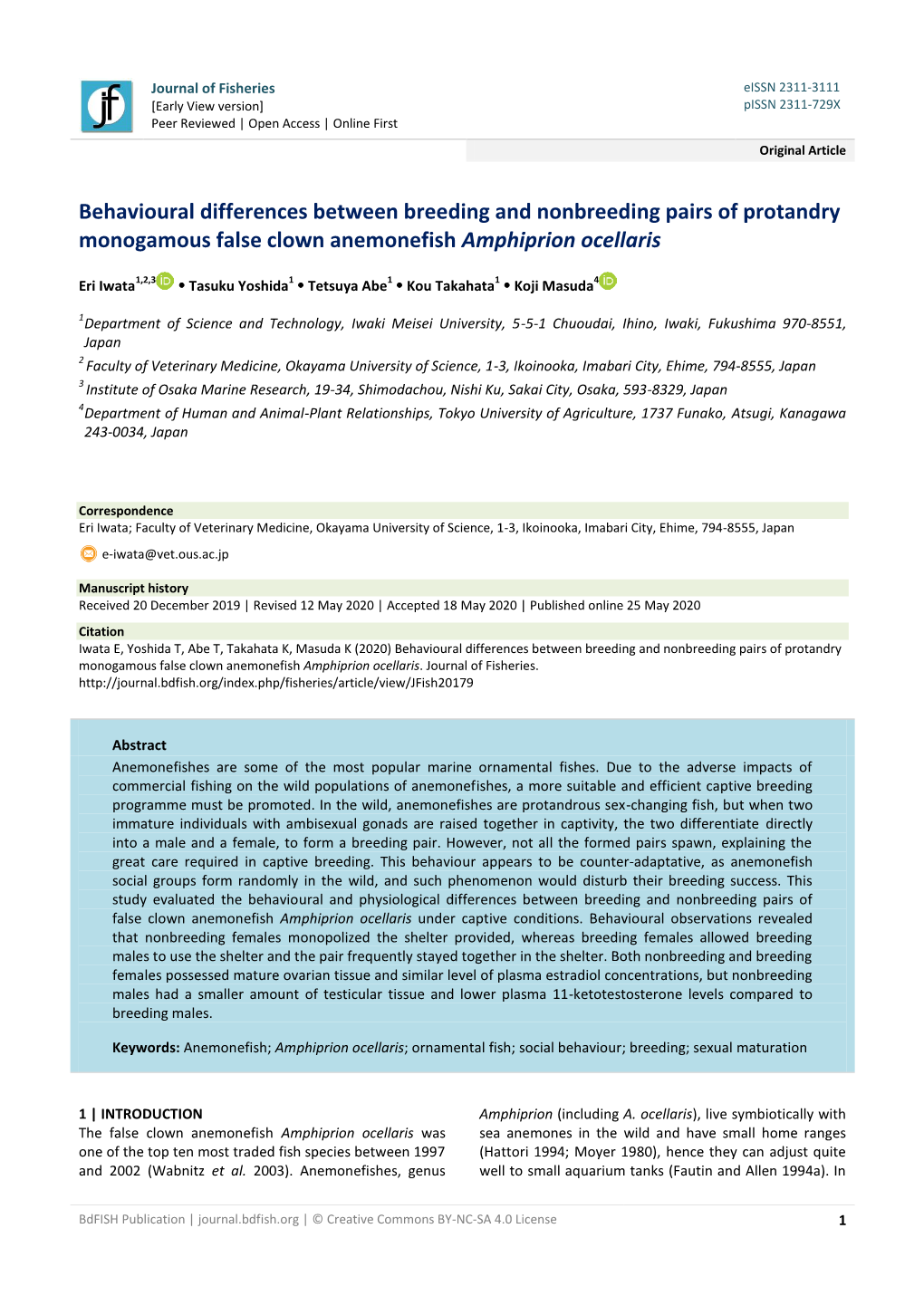 Behavioural Differences Between Breeding and Nonbreeding Pairs of Protandry Monogamous False Clown Anemonefish Amphiprion Ocellaris