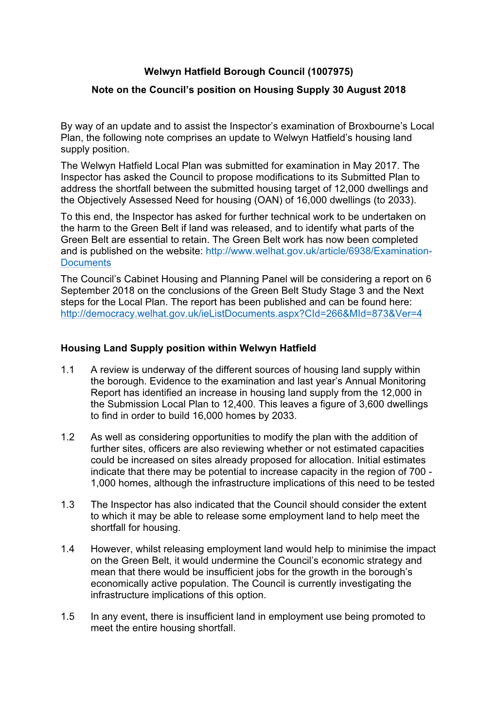 Welwyn Hatfield Borough Council (1007975) Note on the Council’S Position on Housing Supply 30 August 2018