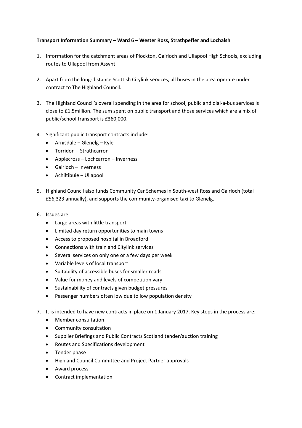 Transport Information Summary – Ward 6 – Wester Ross, Strathpeffer and Lochalsh