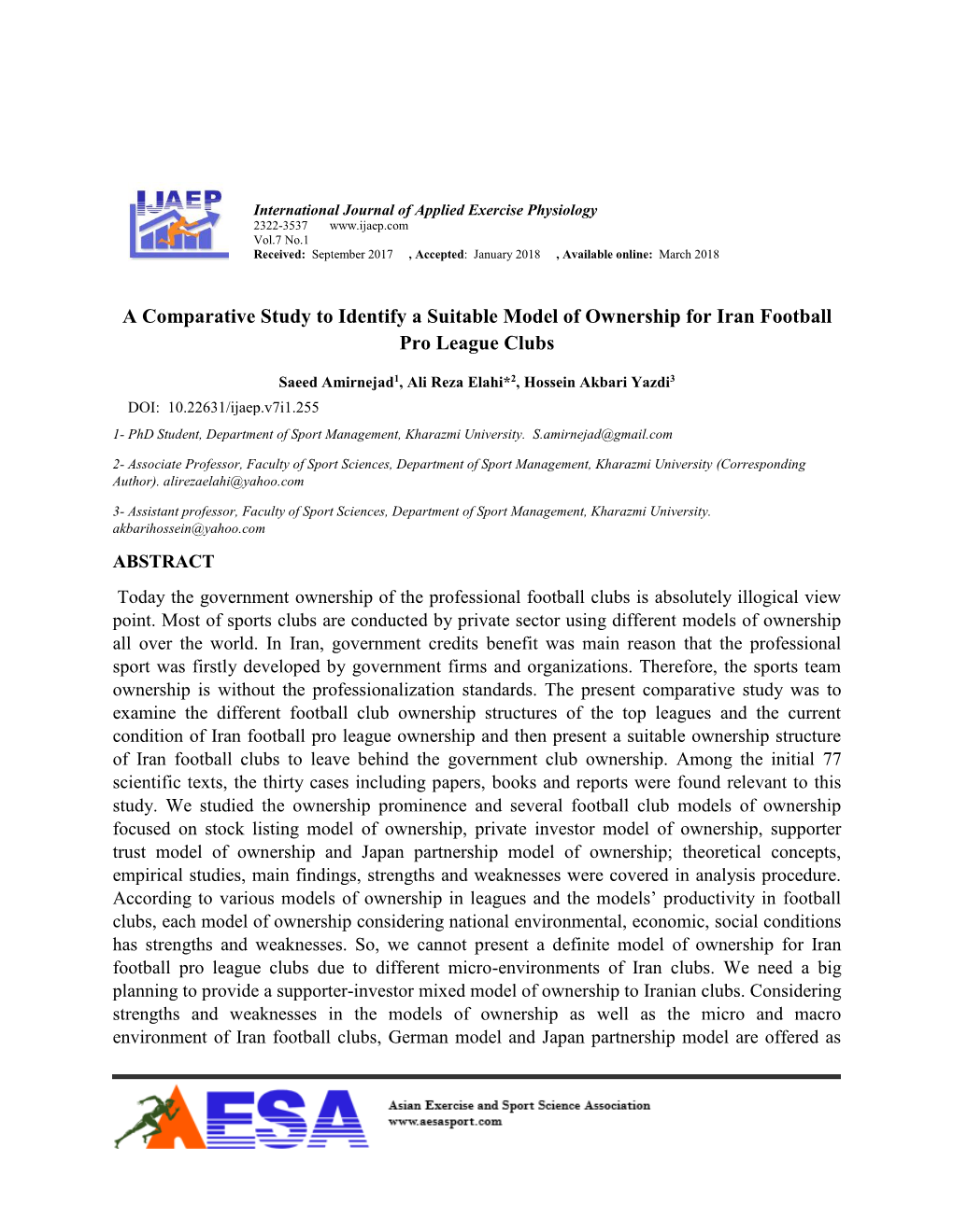 A Comparative Study to Identify a Suitable Model of Ownership for Iran Football Pro League Clubs