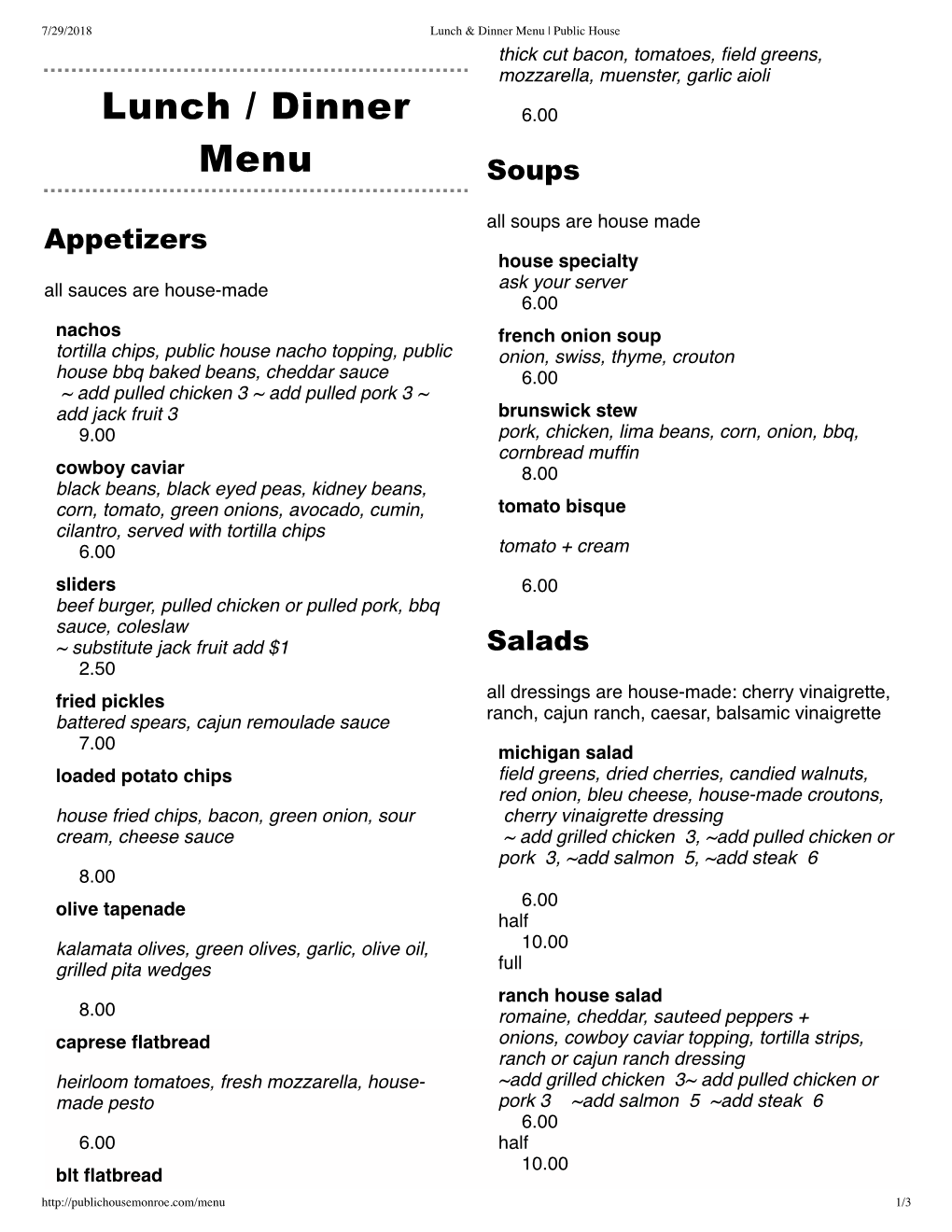 Lunch & Dinner Menu | Public House