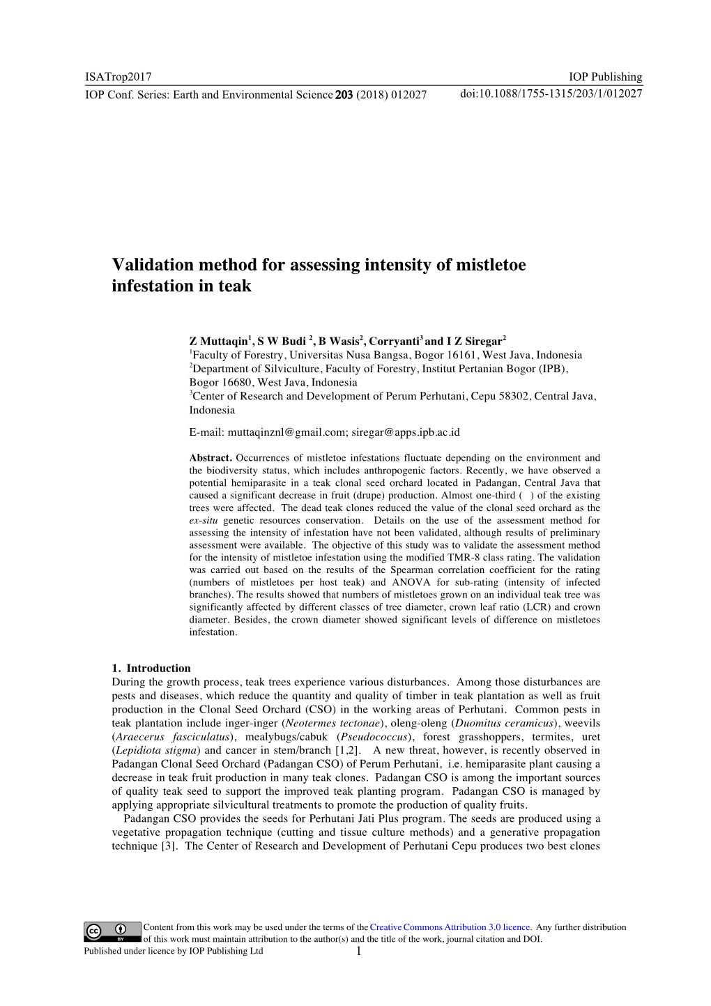 Validation Method for Assessing Intensity of Mistletoe Infestation in Teak