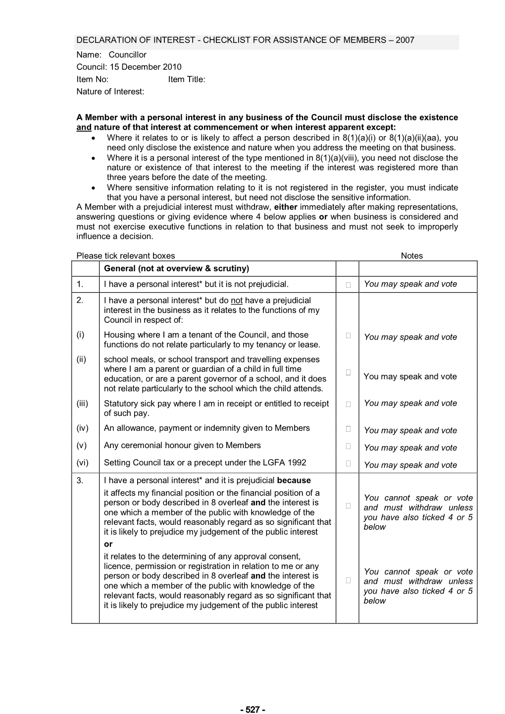 Councillor Council: 15 December 2010 Item No: Item Title: Nature of Interest