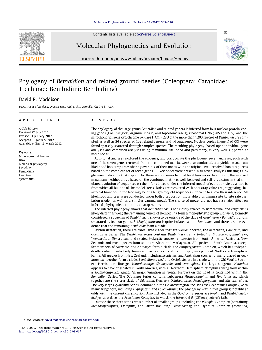 Phylogeny of Bembidion and Related Ground Beetles (Coleoptera: Carabidae: Trechinae: Bembidiini: Bembidiina)