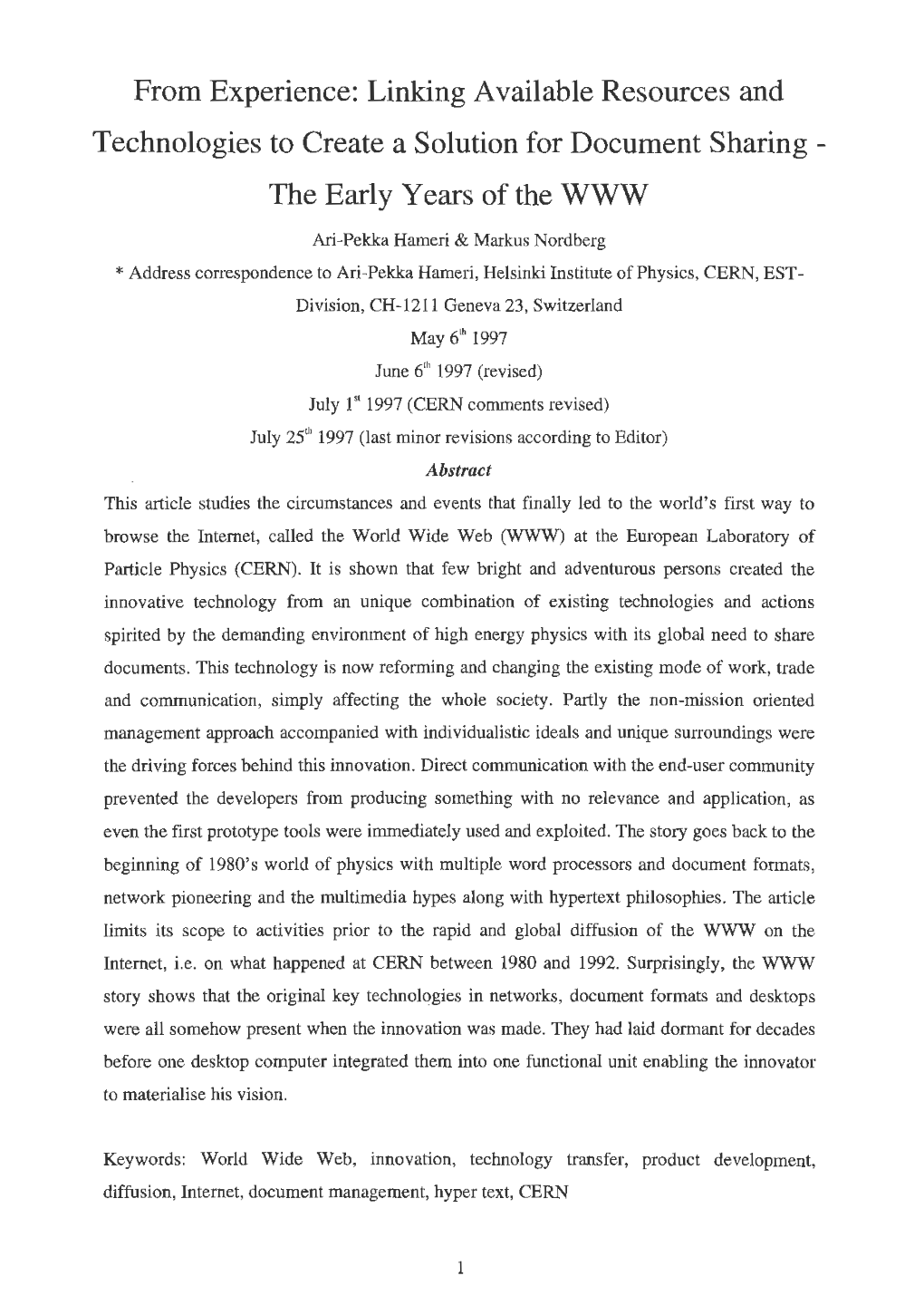 From Experience: Linking Available Resources and Technologies to Create a Solution for Document Sharing - the Early Years of the WWW