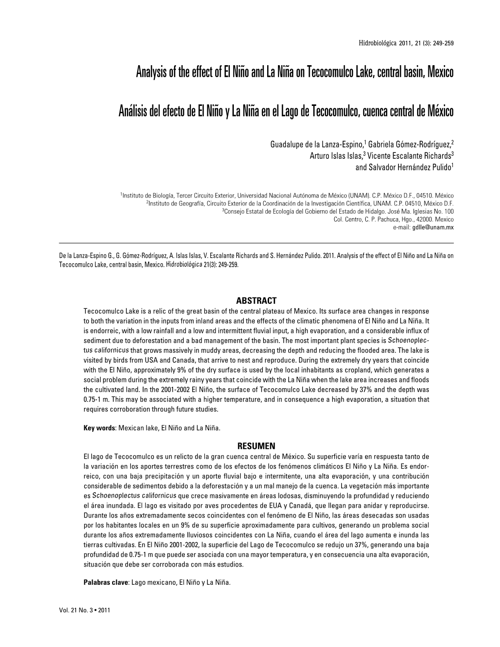 Analysis of the Effect of El Niño and La Niña on Tecocomulco Lake, Central Basin, Mexico