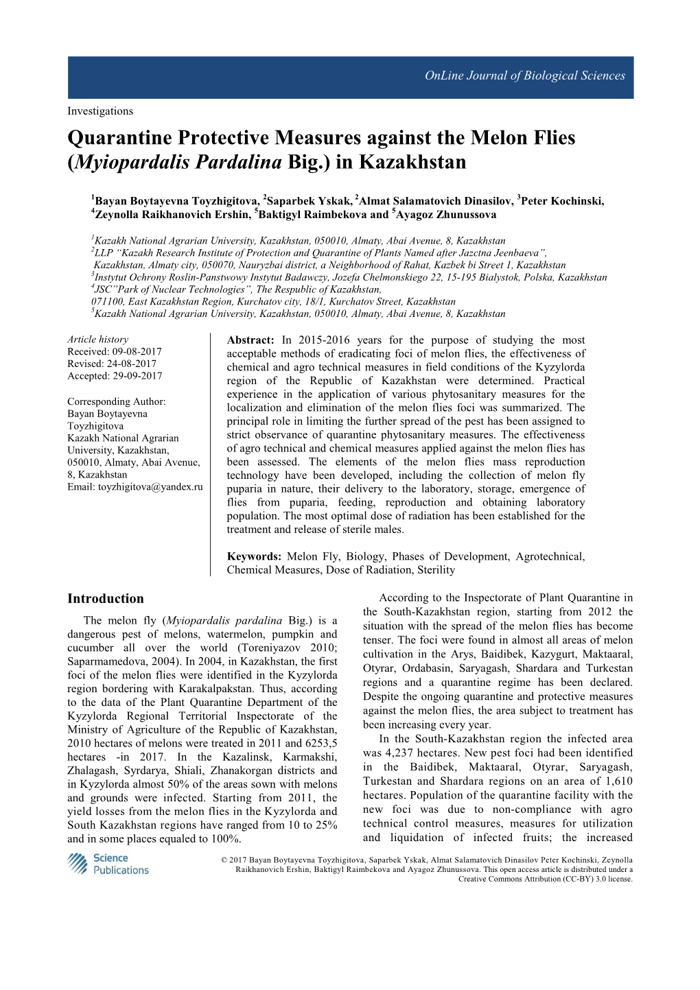 Quarantine Protective Measures Against the Melon Flies (Myiopardalis Pardalina Big.) in Kazakhstan