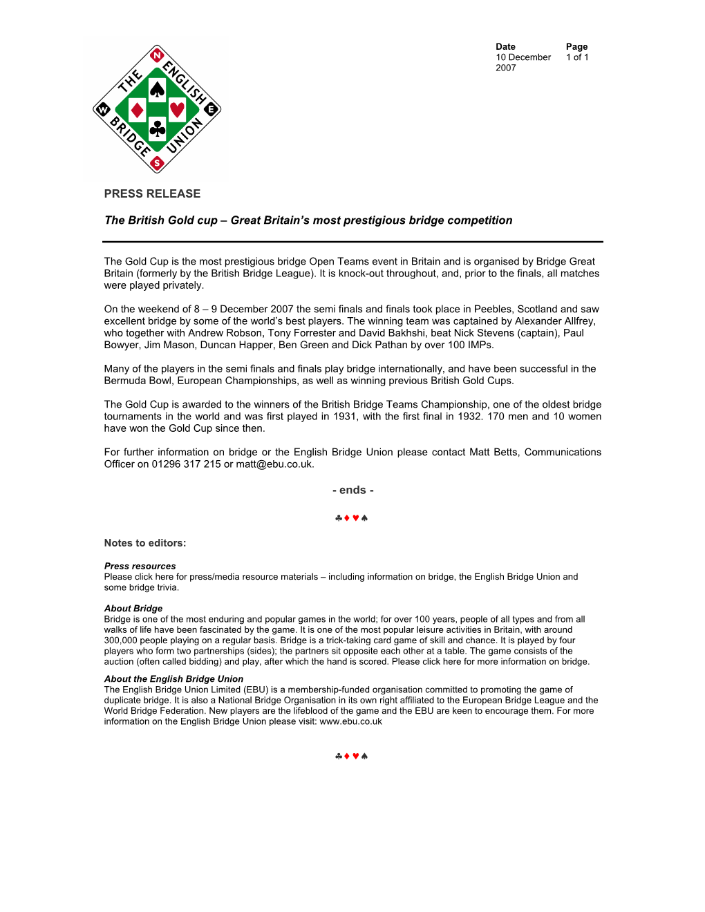 PRESS RELEASE the British Gold Cup – Great Britain's Most