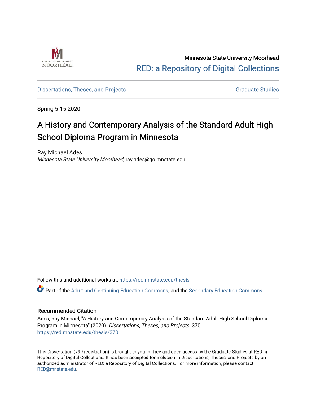 A History and Contemporary Analysis of the Standard Adult High School Diploma Program in Minnesota