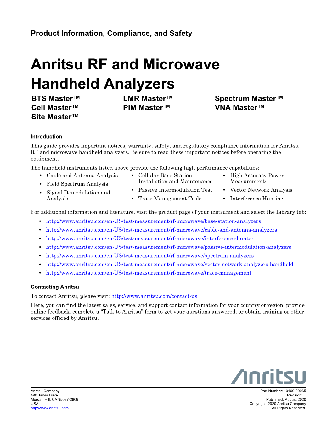 Anritsu RF and Microwave Handheld Analyzers Product Information Compliance and Safety