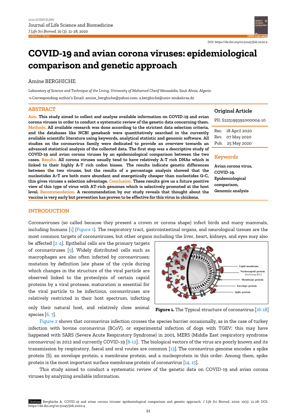 COVID-19 and Avian Corona Viruses: Epidemiological Comparison and Genetic Approach