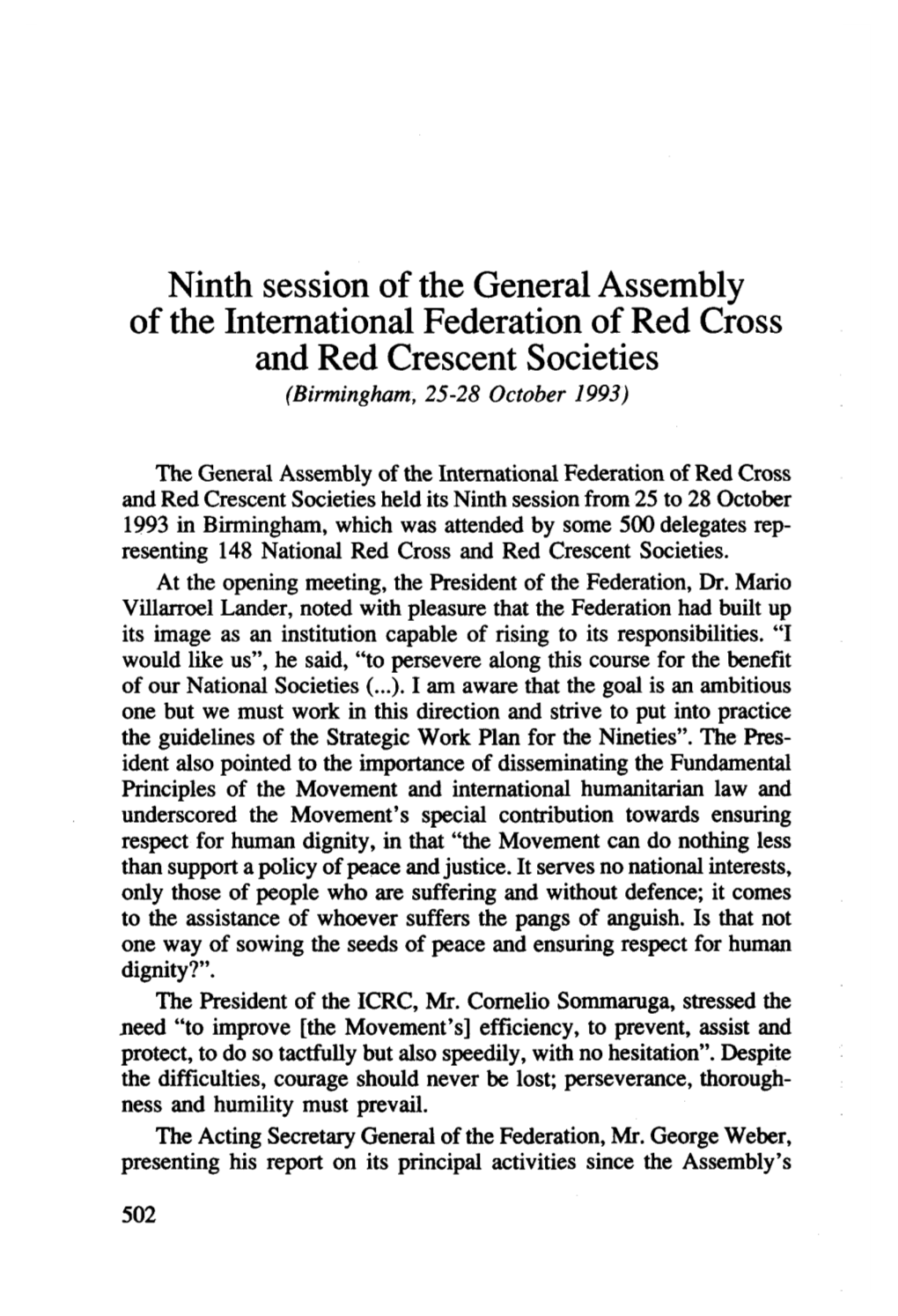 Ninth Session of the General Assembly of the International Federation of Red Cross and Red Crescent Societies (Birmingham, 25-28 October 1993)