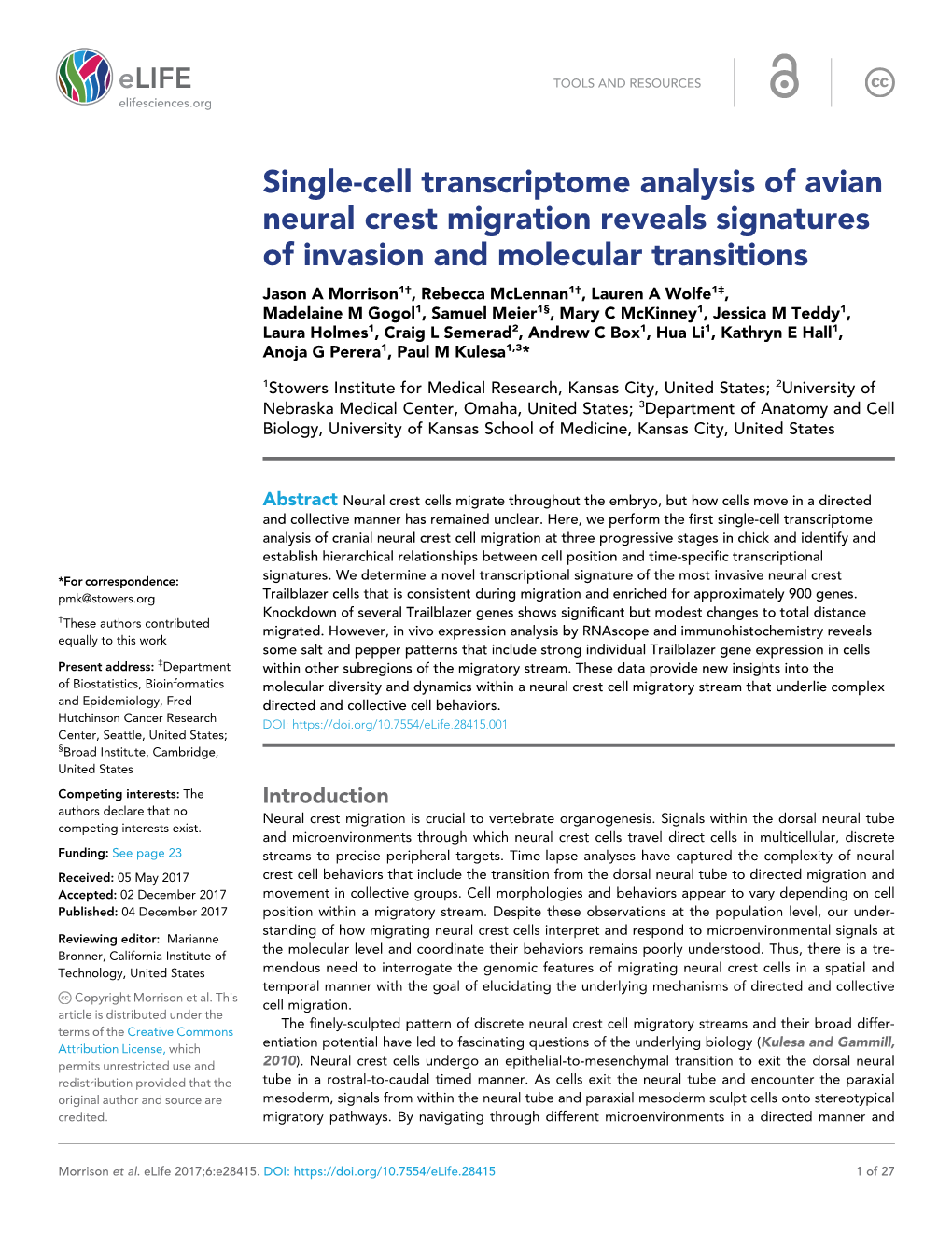 Single-Cell Transcriptome Analysis of Avian Neural Crest Migration Reveals