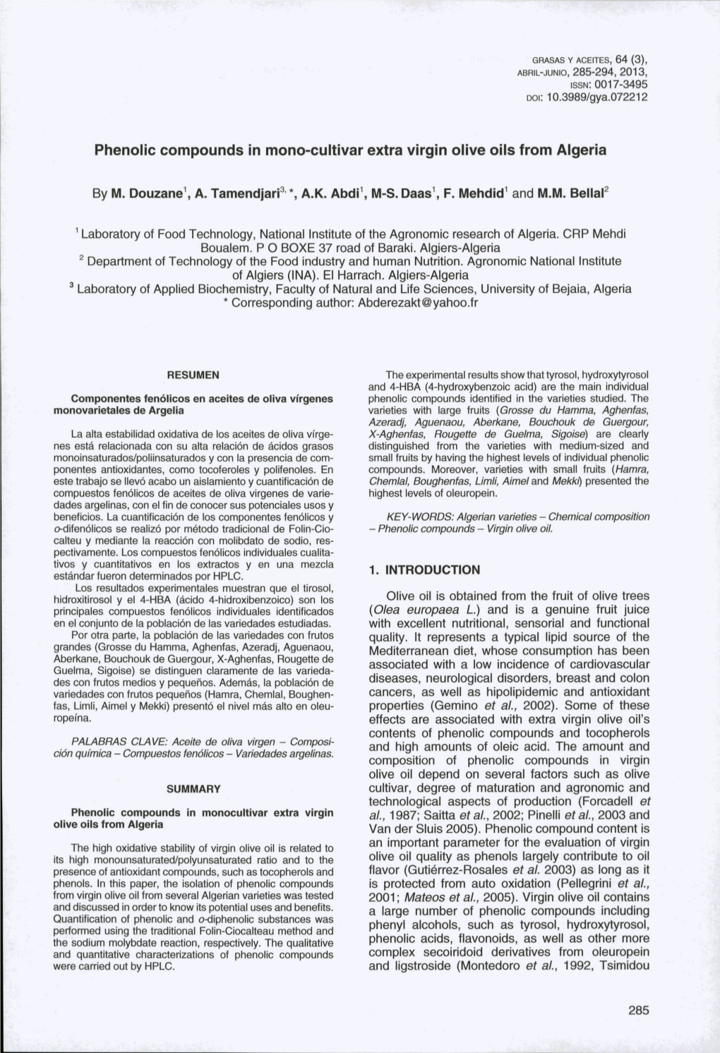 Phenolic Compounds in Mono-Cultivar Extra Virgin Olive Oils from Algeria