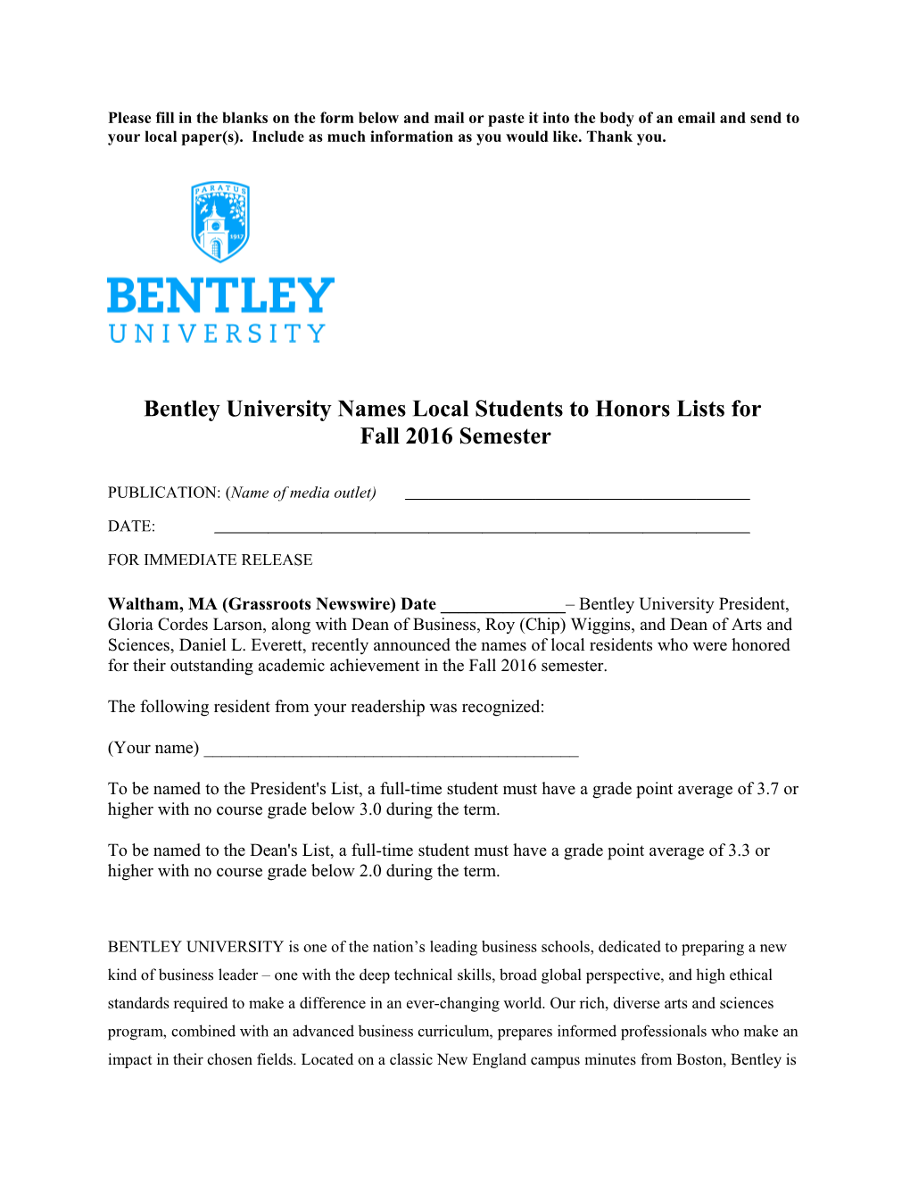 Bentley University Names Local Students to Honors Lists For