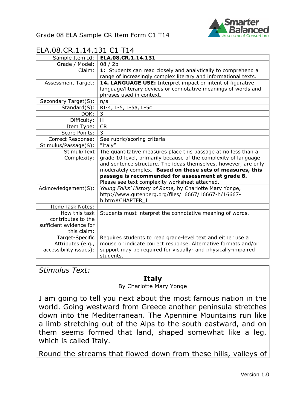 Grade 08 ELA Sample CR Item Form C1 T14