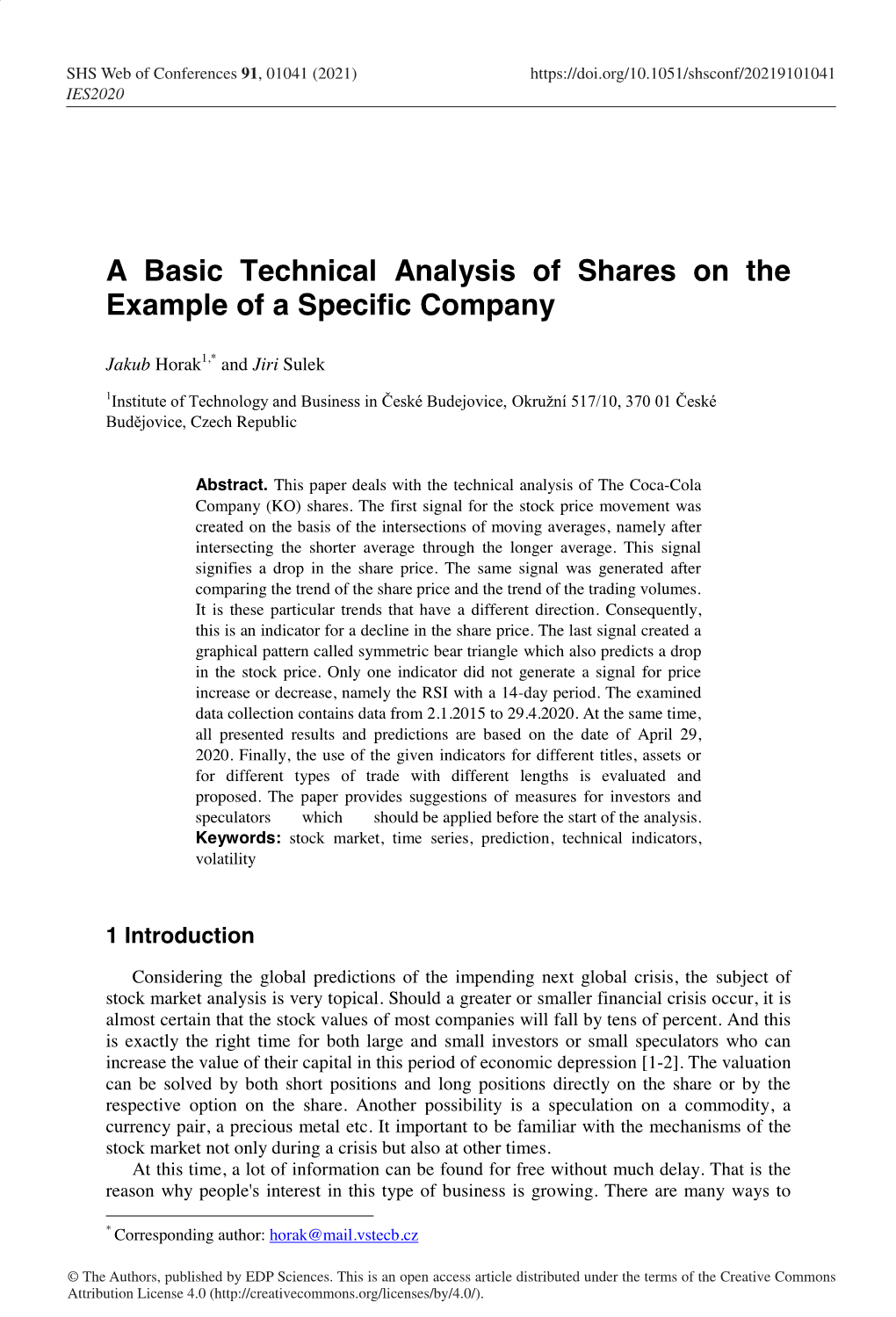A Basic Technical Analysis of Shares on the Example of a Specific Company