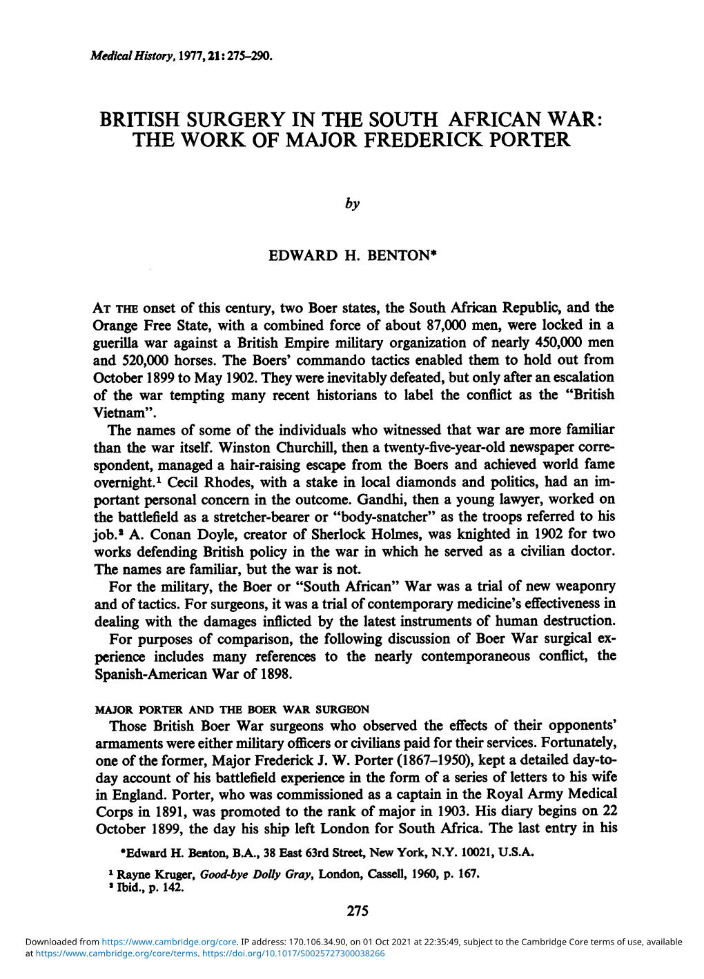 British Surgery in the South African War: the Work of Major Frederick Porter