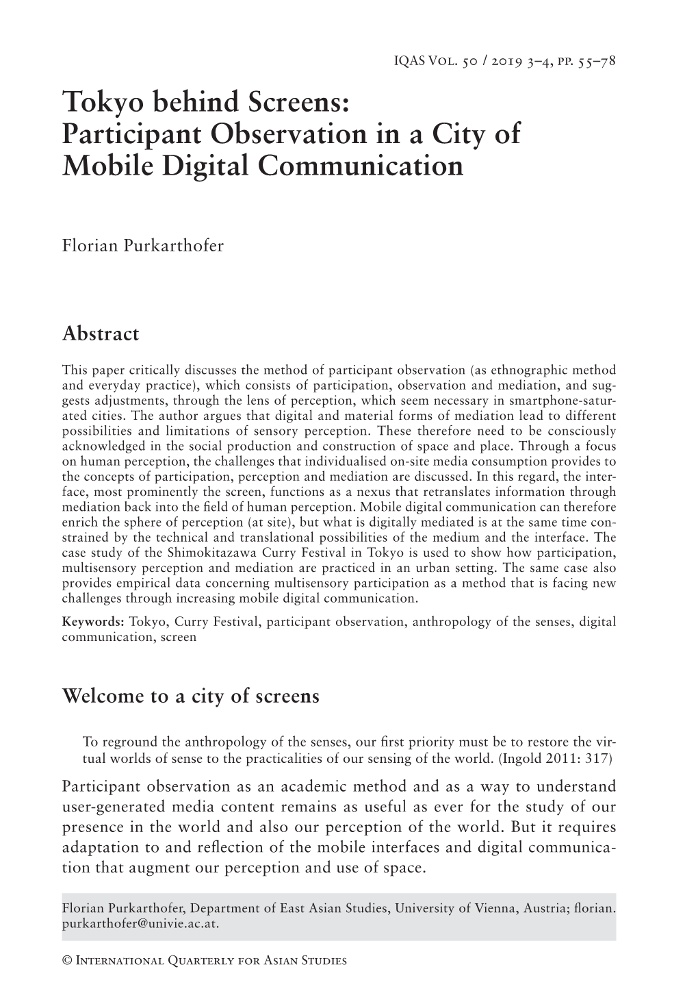 Tokyo Behind Screens: Participant Observation in a City of Mobile Digital Communication