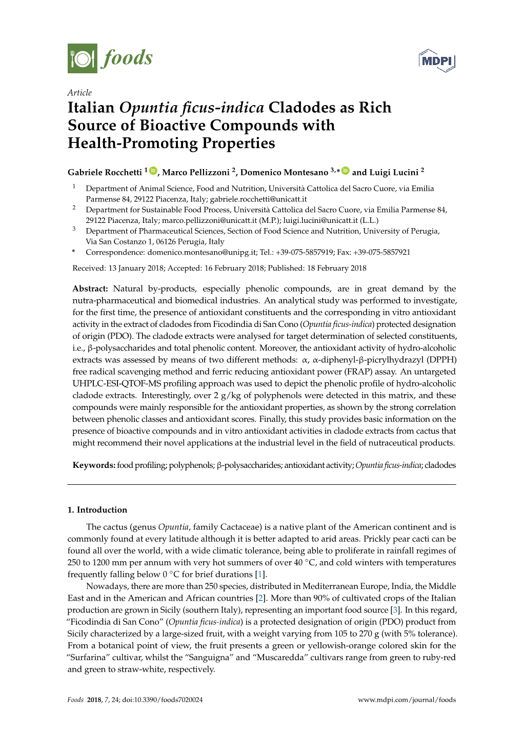 Italian Opuntia Ficus-Indica Cladodes As Rich Source of Bioactive