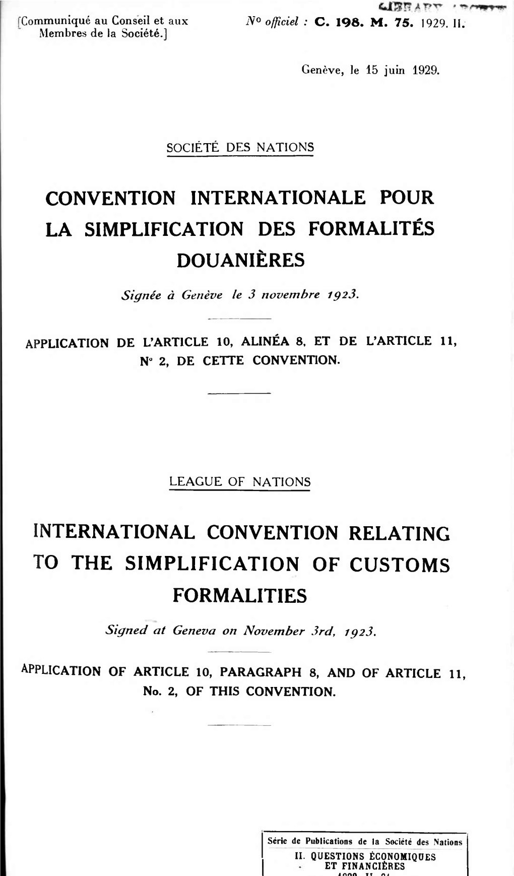 Convention Internationale Pour La Simplification Des Formalités Douanières
