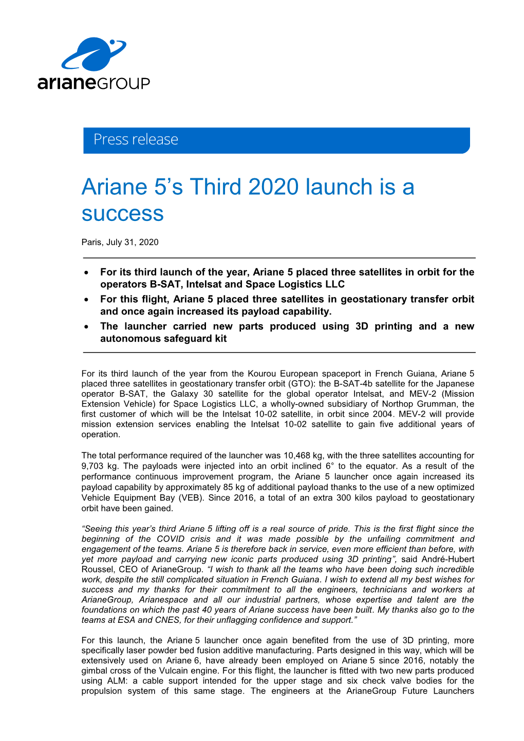 Ariane 5'S Third 2020 Launch Is a Success