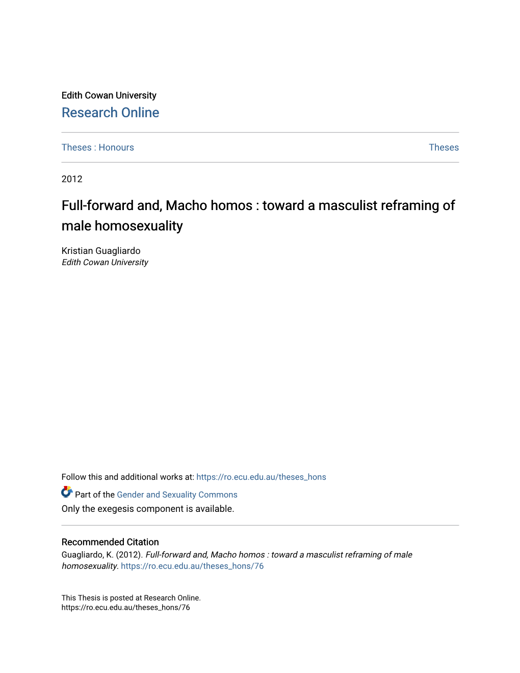 Full-Forward And, Macho Homos : Toward a Masculist Reframing of Male Homosexuality