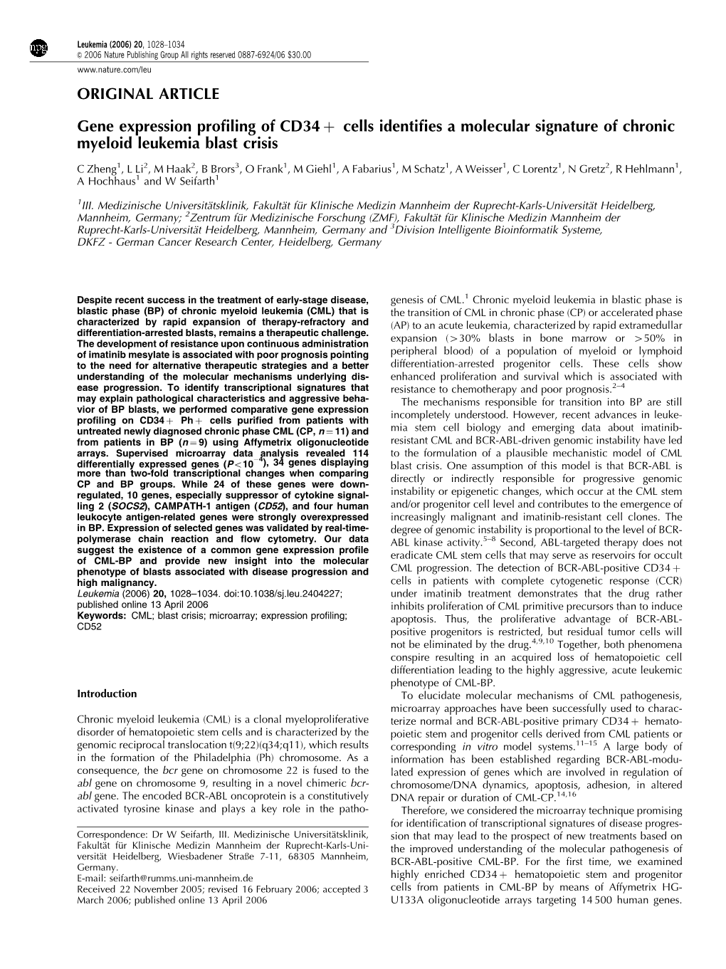 ORIGINAL ARTICLE Gene Expression Profiling of CD34‏ Cells Identifies A