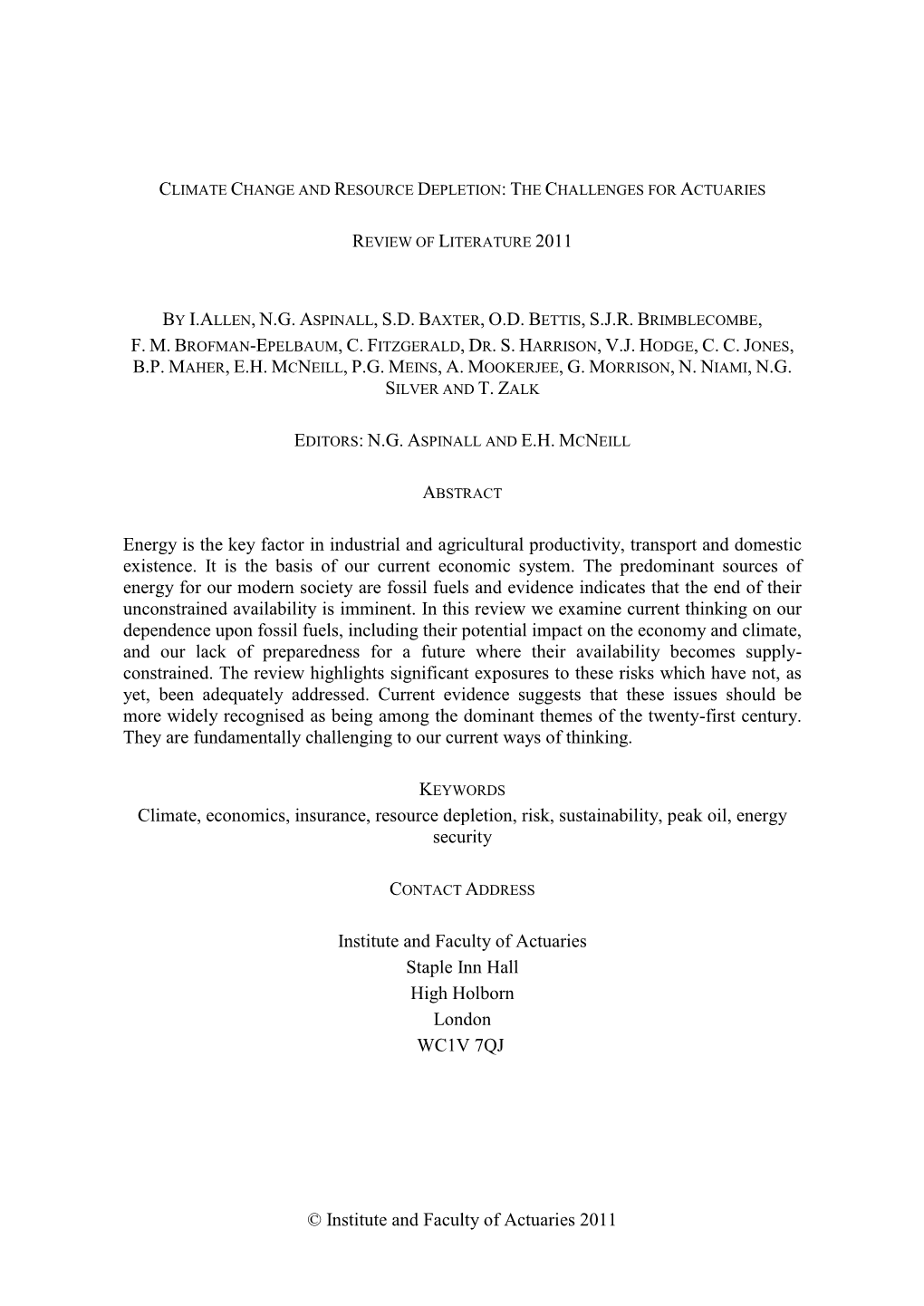 Climate Change and Resource Depletion: the Challenges for Actuaries