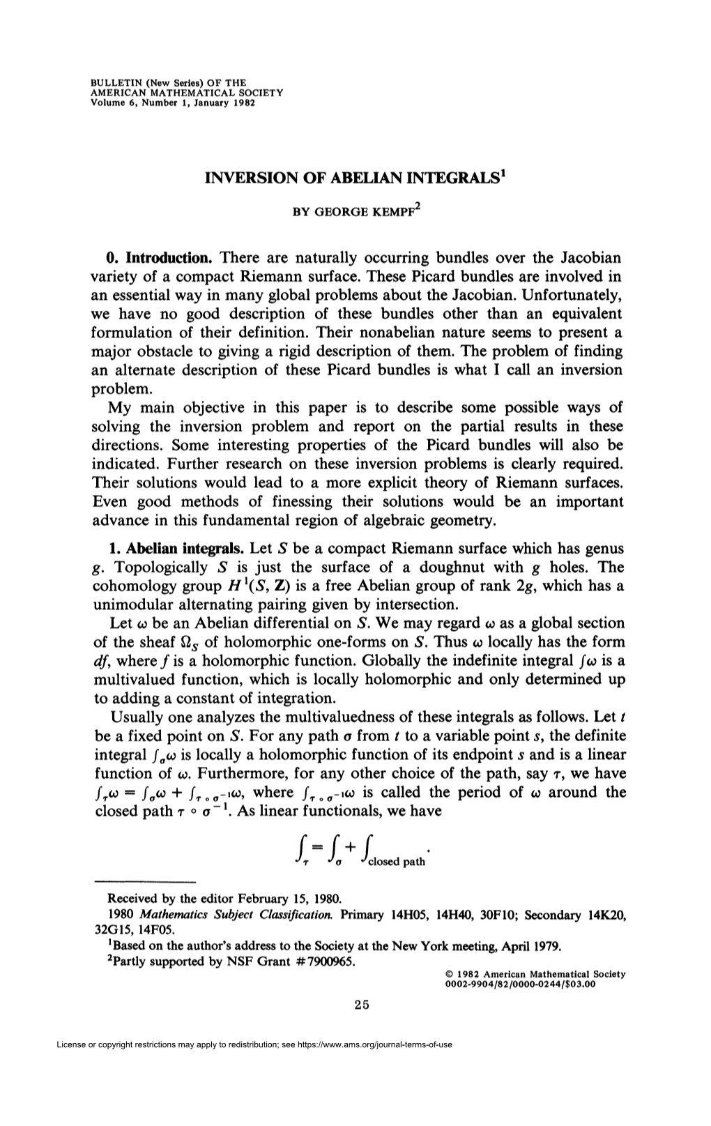 INVERSION of ABELIAN INTEGRALS1 0. Introduction. There