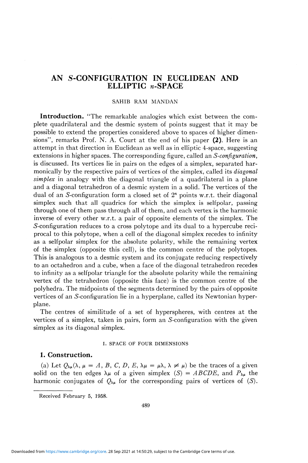 AN 5-CONFIGURATION in EUCLIDEAN and ELLIPTIC N-SPACE