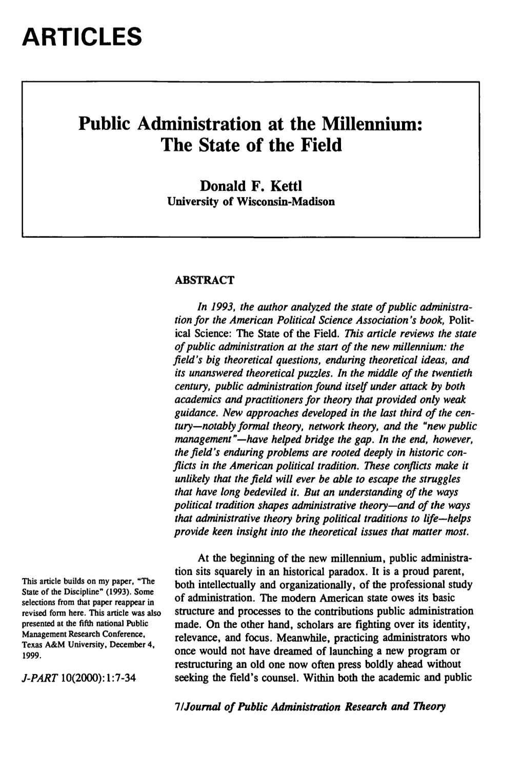 Public Administration at the Millennium: the State of the Field