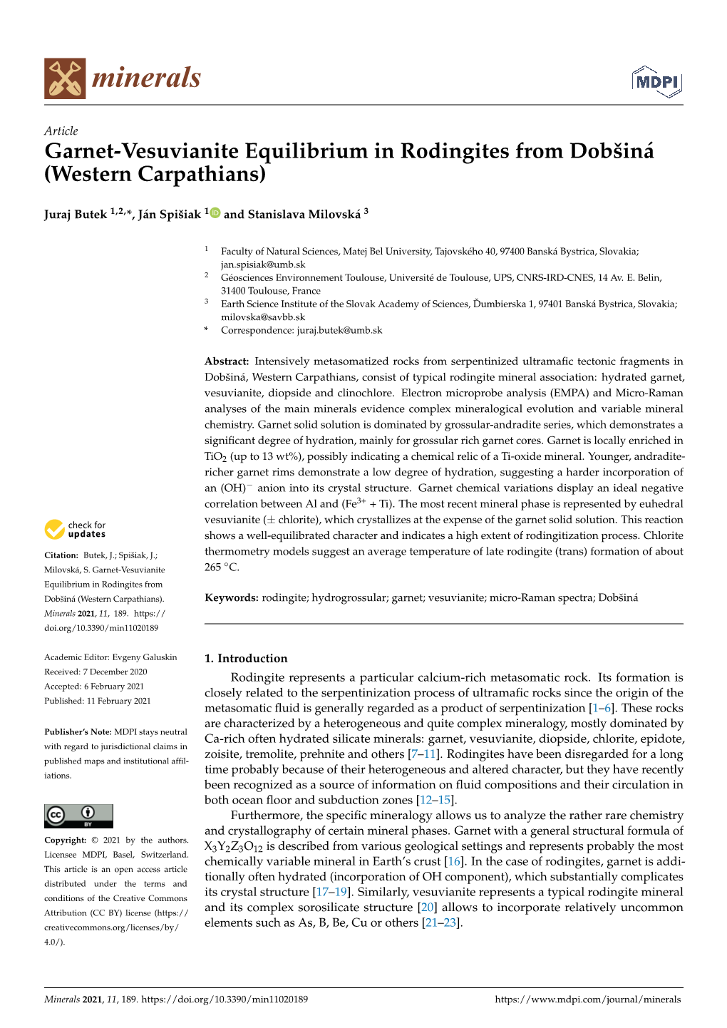 Garnet-Vesuvianite Equilibrium in Rodingites from Dobšiná (Western Carpathians)