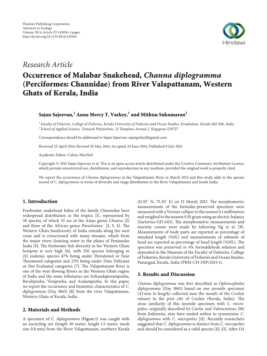 Occurrence of Malabar Snakehead, Channa Diplogramma (Perciformes: Channidae) from River Valapattanam, Western Ghats of Kerala, India