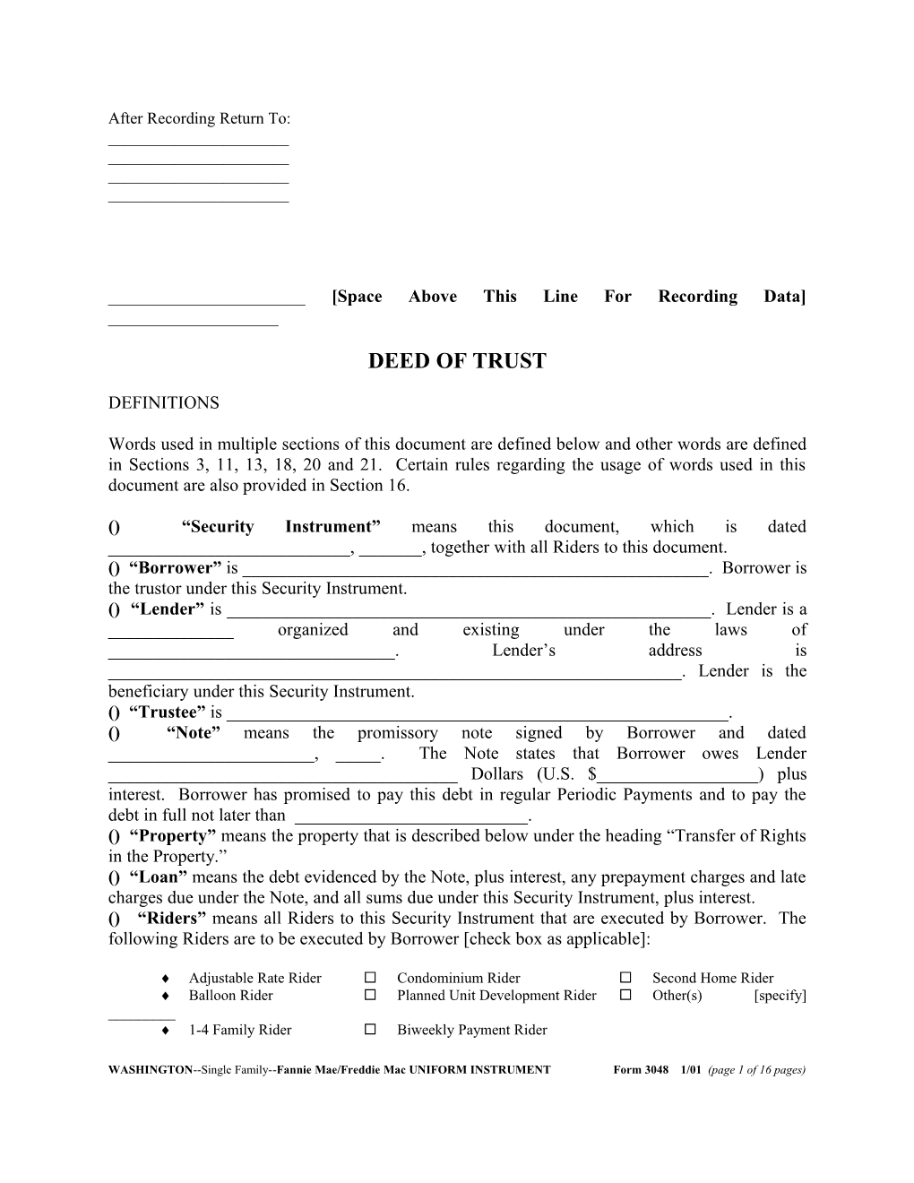 Form 3048 - Washington Deed of Trust Information