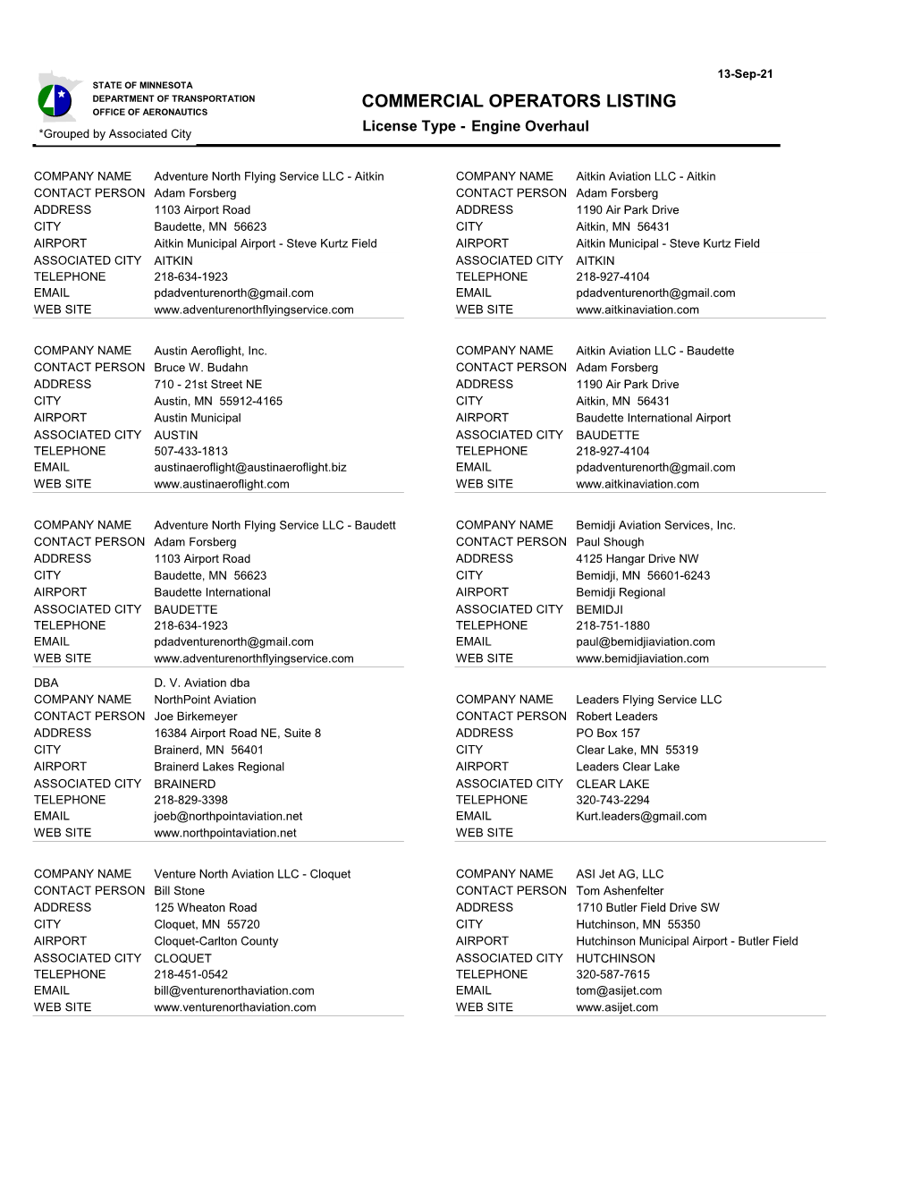 Engine Overhaul *Grouped by Associated City