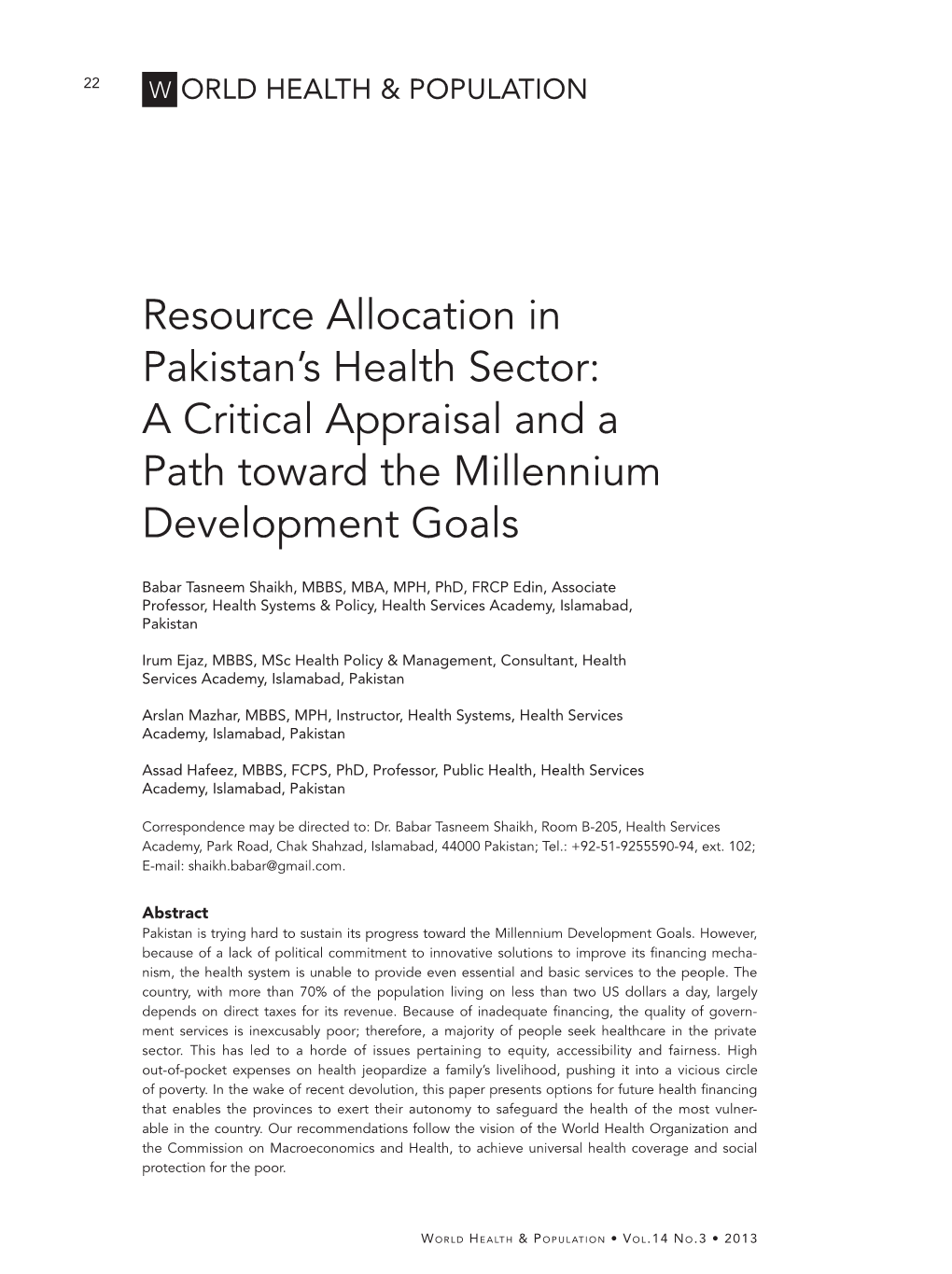 Resource Allocation in Pakistan's Health Sector: a Critical Appraisal and a Path Toward the Millennium Development Goals